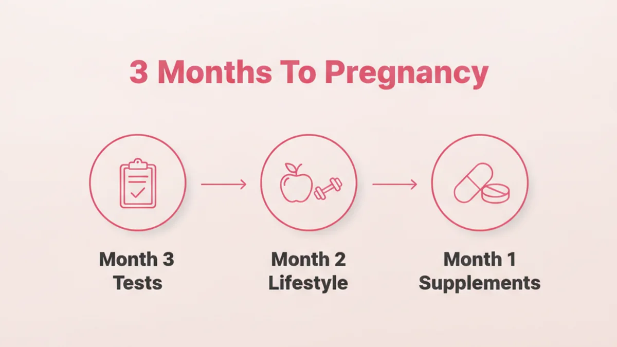 A simple 3-month preconception timeline — tests three months out, lifestyle changes two months out, and supplements in the final month before trying