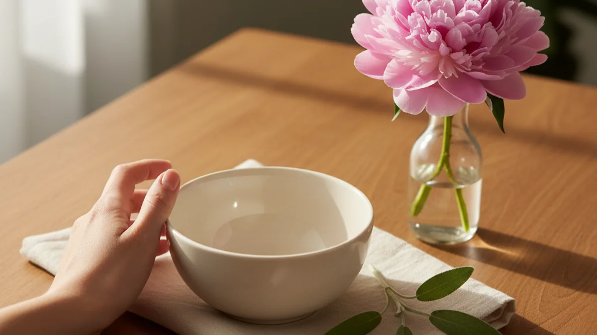 A woman's hand resting relaxed on a warm wooden table beside a plain unlabelled cream ceramic bowl with a single pink peony, a folded cream linen napkin, and a small sprig of fresh sage — a calm editorial still life of IVF reassurance.