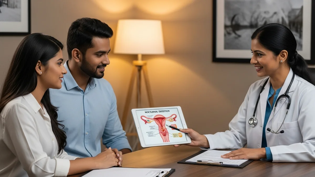 Couple consulting with a female fertility specialist about sperm release at night: good or bad?