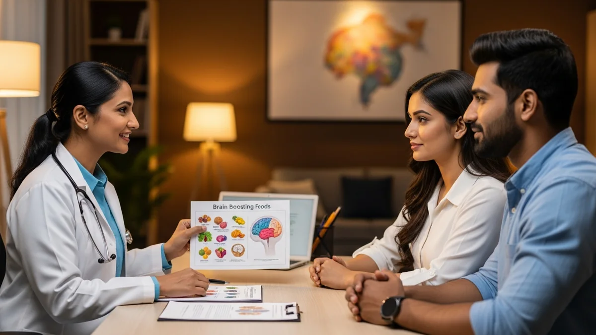 Couple consulting with a female fertility specialist about 8 best foods for baby brain development during pregnancy