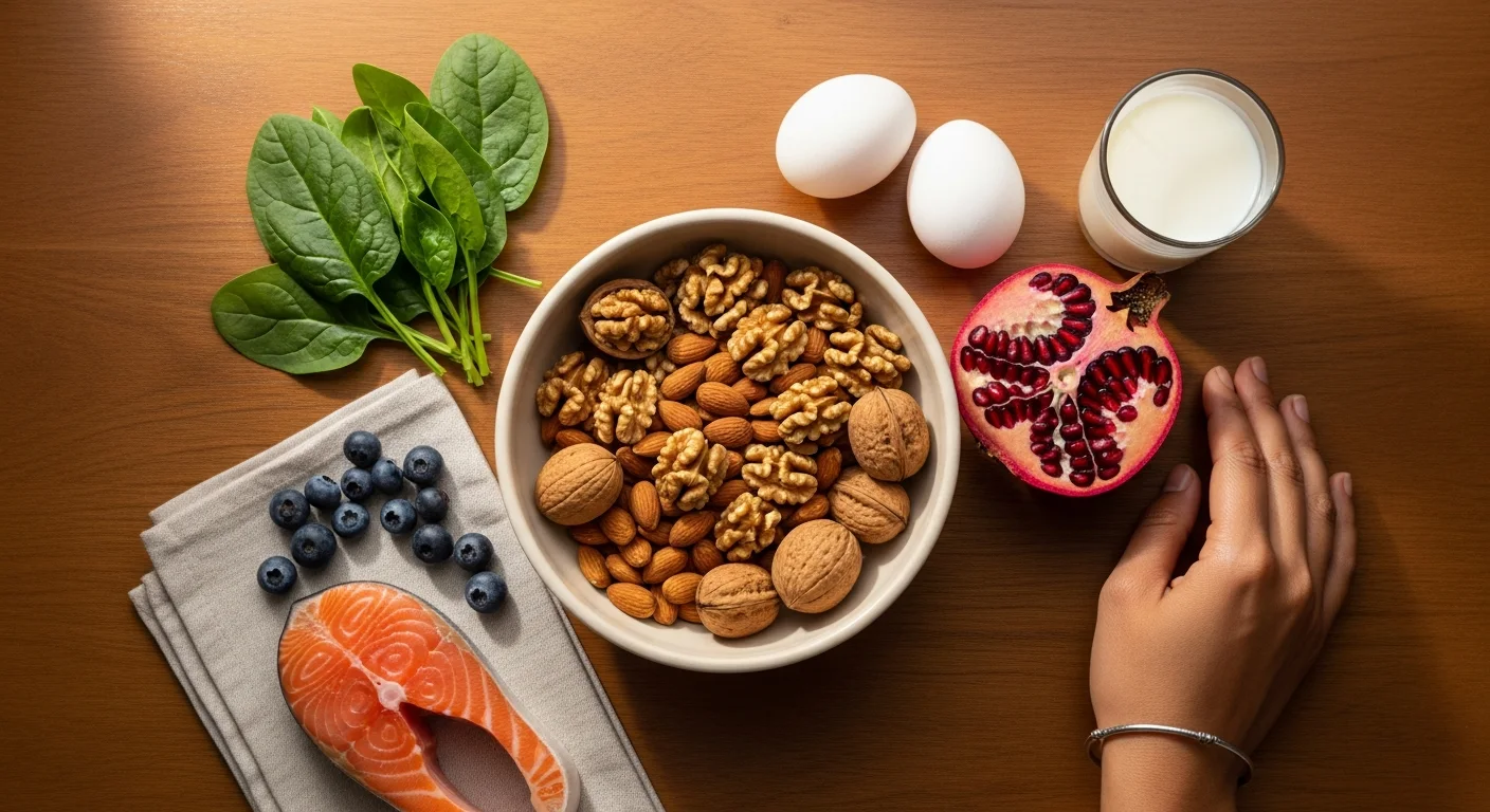 A top-down editorial food photograph related to: 8 best foods for baby brain development during pregnancy