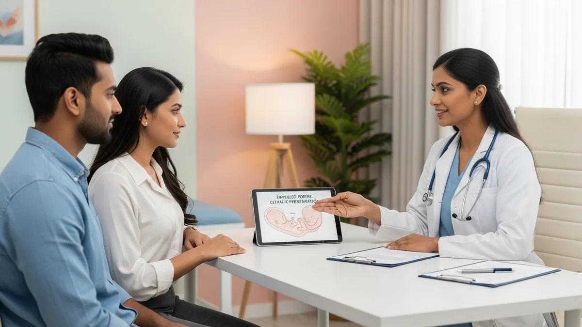 Couple consulting with a female fertility specialist about baby's head down? cephalic position explained