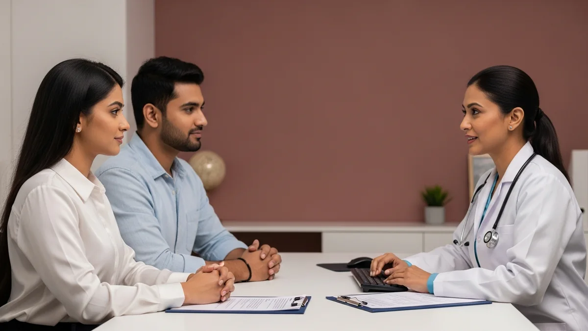 Couple consulting with a female fertility specialist about clomid vs letrozole: ovulation boost?