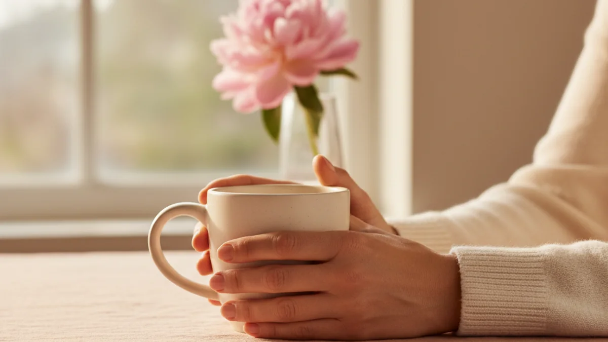 A woman's hands cradling a warm ceramic mug of herbal tea near a sunlit window — a calm lifestyle moment illustrating early cycle self-awareness.