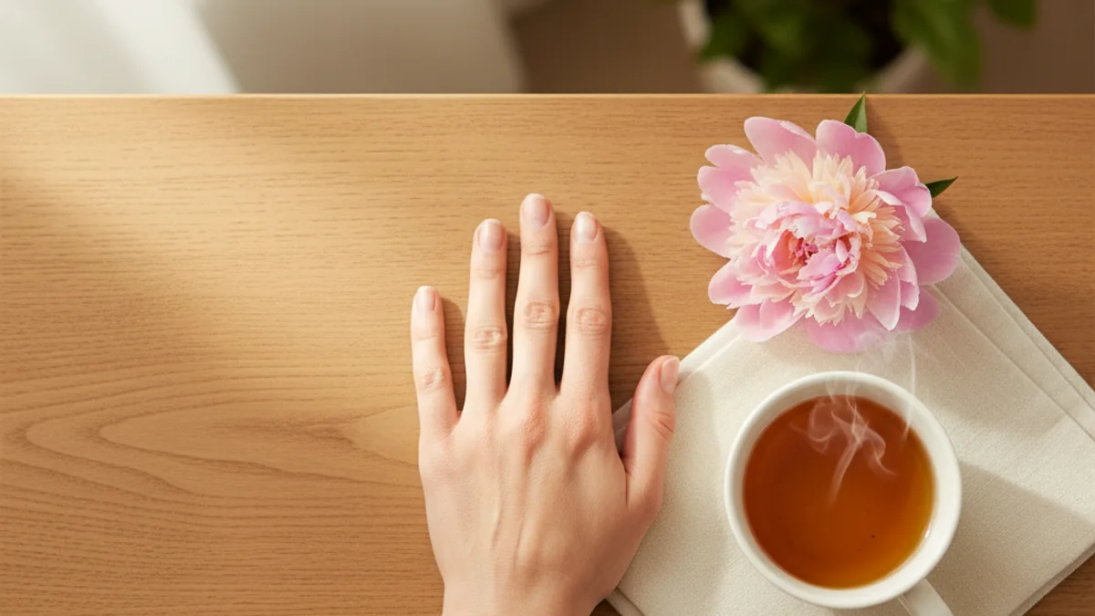 A quiet overhead flat-lay of a woman's hand resting beside a warm cup of chamomile tea and a single pink peony — a calm reassurance moment on waiting out post-pill bleeding.