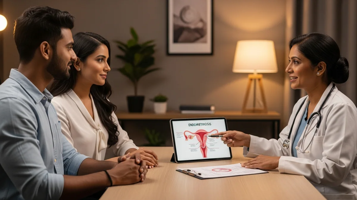 Couple consulting with a female fertility specialist about endometriosis & fertility: impact & options