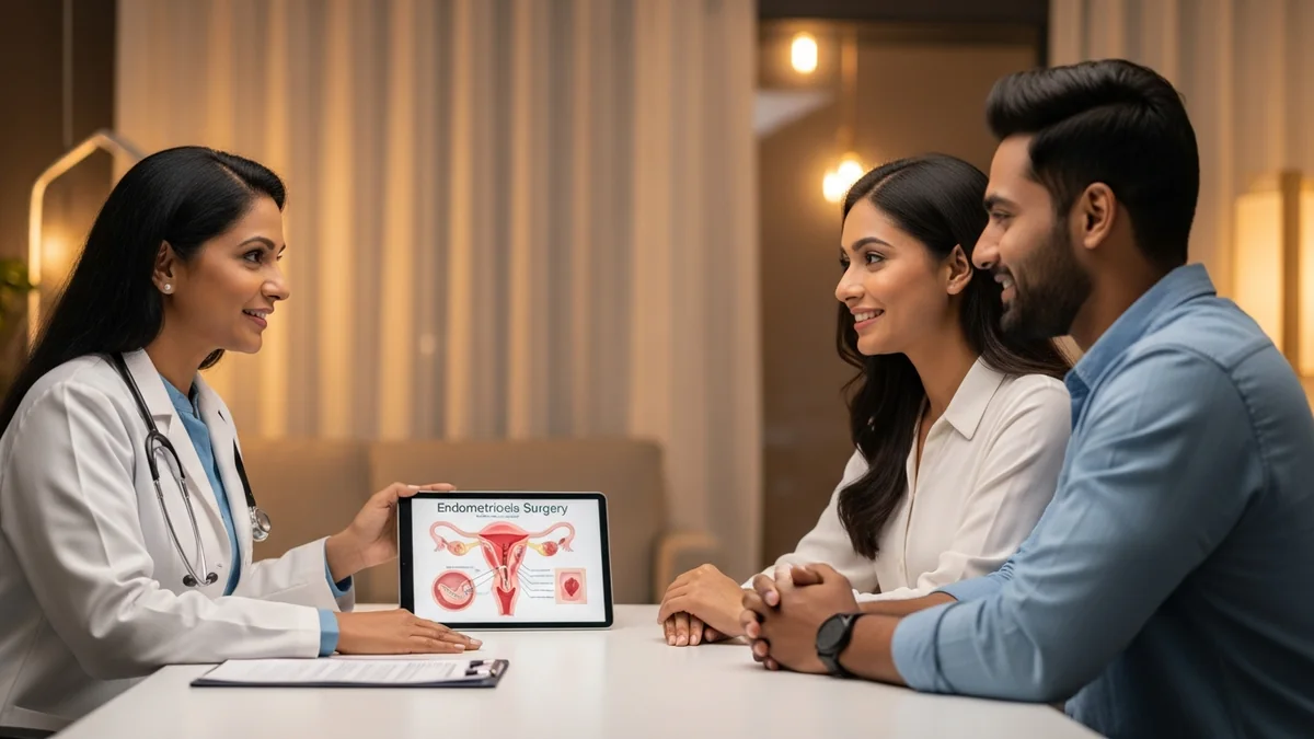 Couple consulting with a female fertility specialist about endometriosis surgery: fertility impact