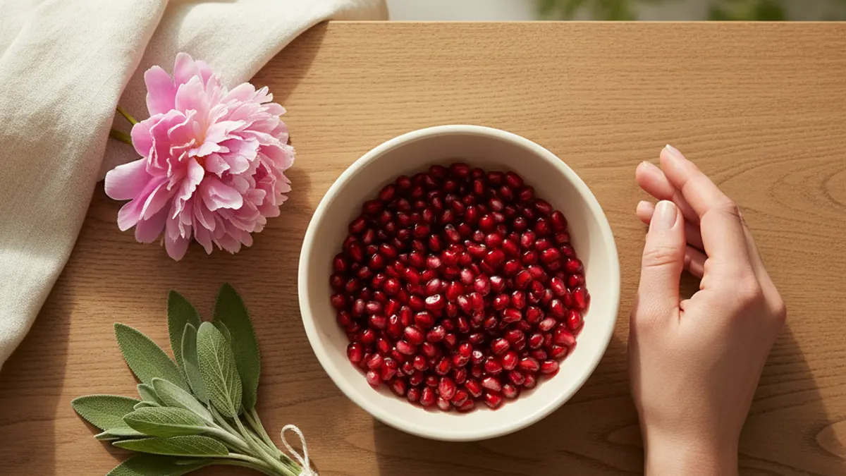 A woman's hand resting gently on a warm linen cloth beside a plain unlabelled ceramic bowl of fresh pomegranate seeds and a small bunch of fresh sage leaves — a calm editorial still life representing healthy blood flow and reassurance in IVF care.