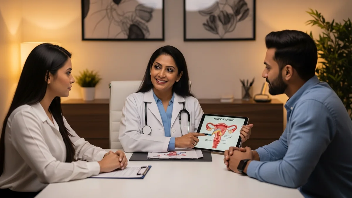 Couple consulting with a female fertility specialist about fibroid removal & fertility