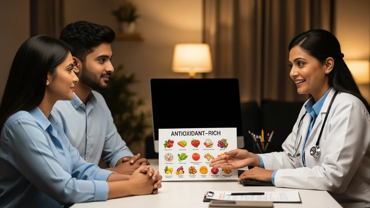 Couple consulting with a female fertility specialist about foods to improve sperm quality & health