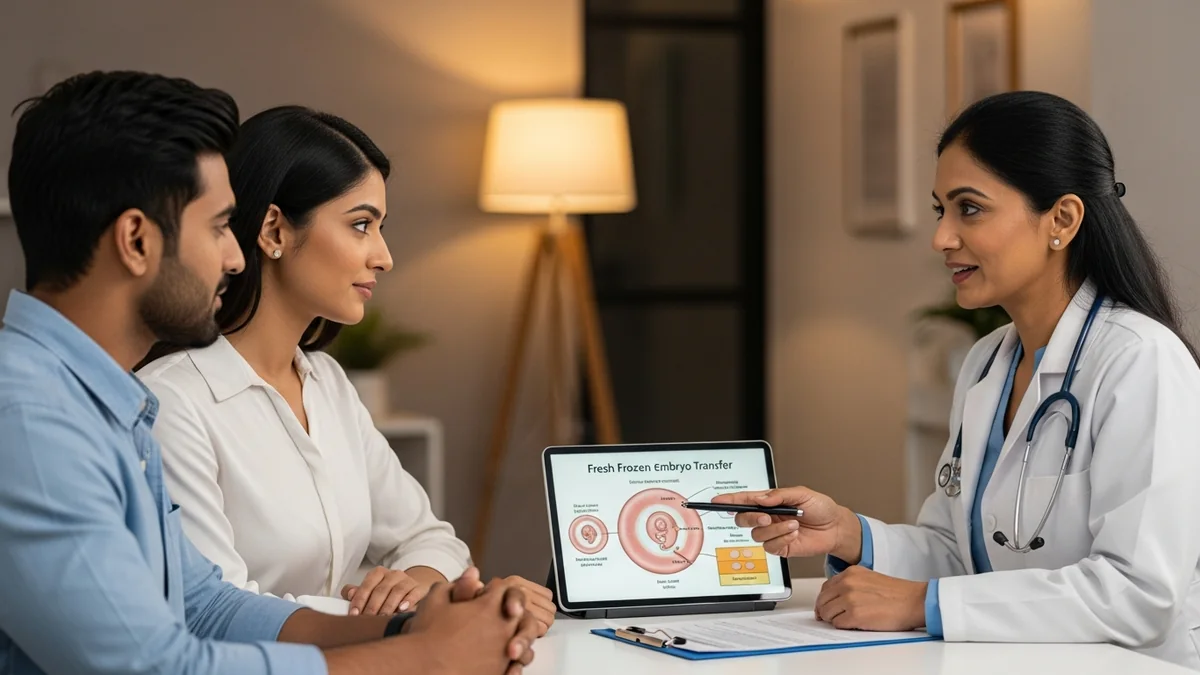Couple consulting with a female fertility specialist about fresh vs frozen embryo transfer: which is best?