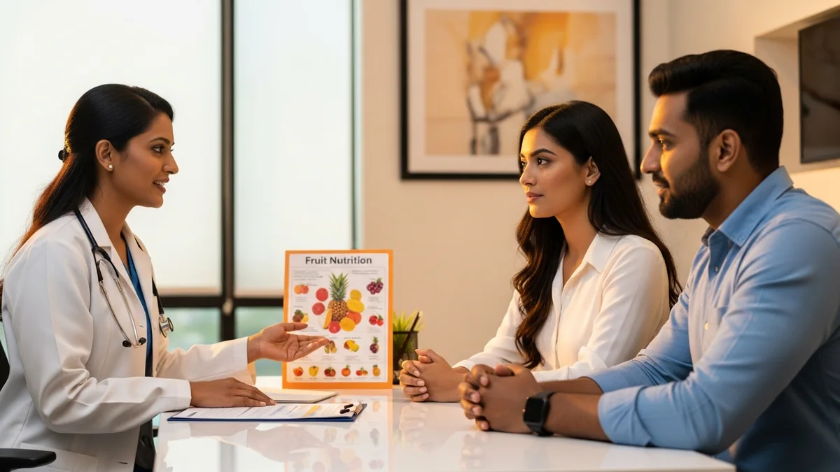 Couple consulting with a female fertility specialist about fruits to increase sperm count