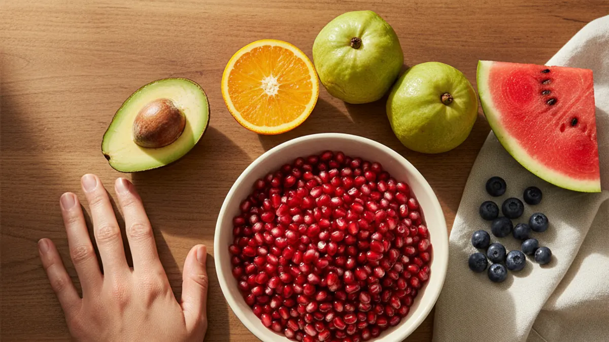A top-down editorial lifestyle photograph of a warm wooden table with a bowl of pomegranate seeds, sliced oranges, a small cluster of blueberries, half an avocado, and two whole guavas arranged beside a folded cream linen napkin.