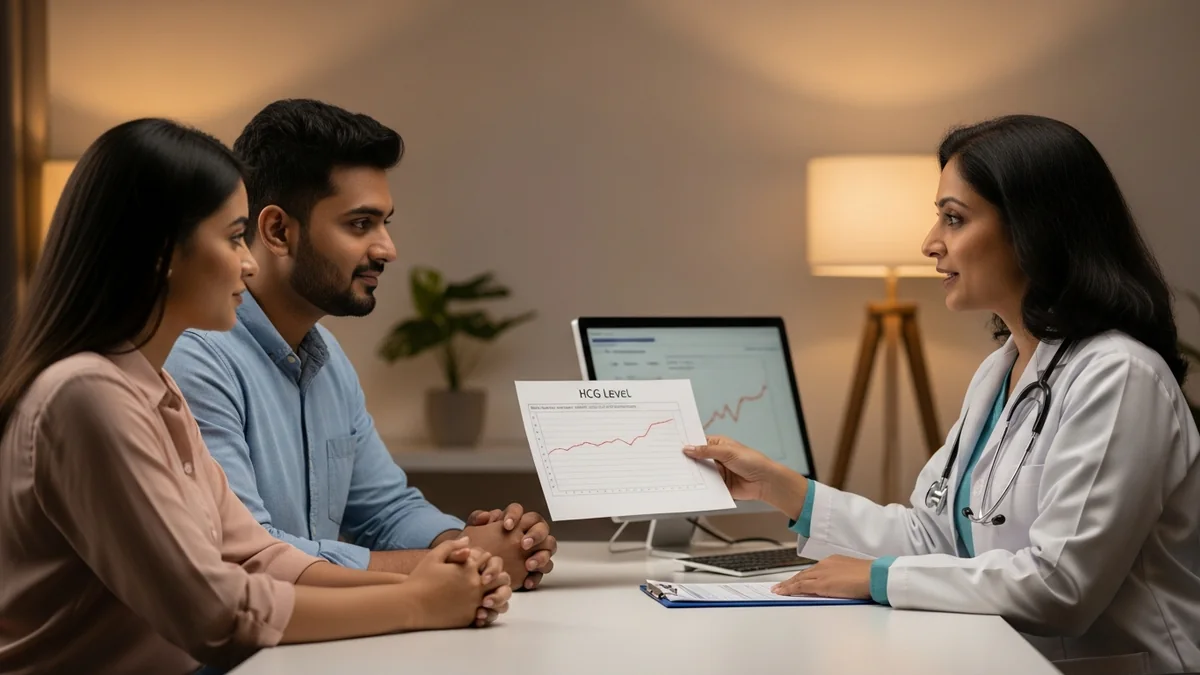 Couple consulting with a female fertility specialist about understanding hcg levels in early pregnancy