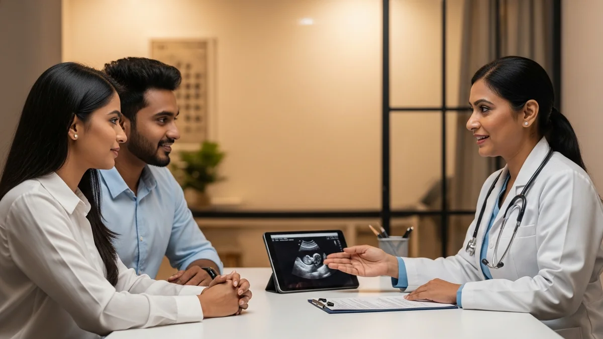 Couple consulting with a female fertility specialist about free fluid after follicle rupture: timeline