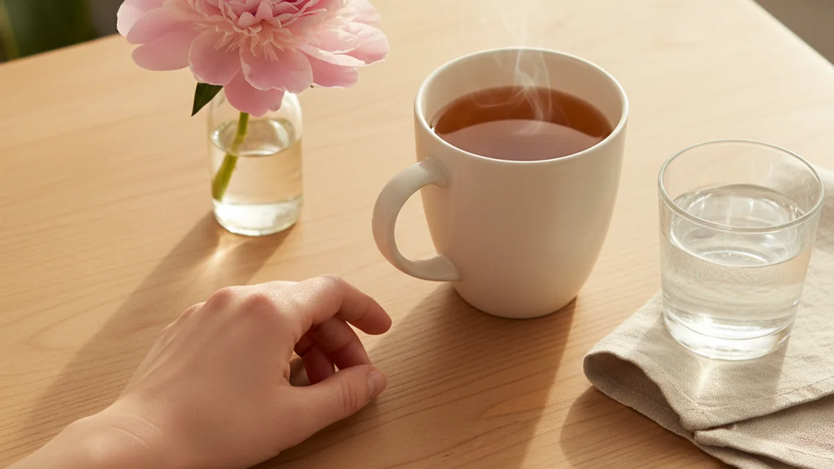A woman's hand resting gently on a warm wooden table beside a plain ceramic mug of herbal tea, a small glass of water, and a single pink peony in a clear vase — a quiet editorial moment of patient reassurance about follicular study findings.