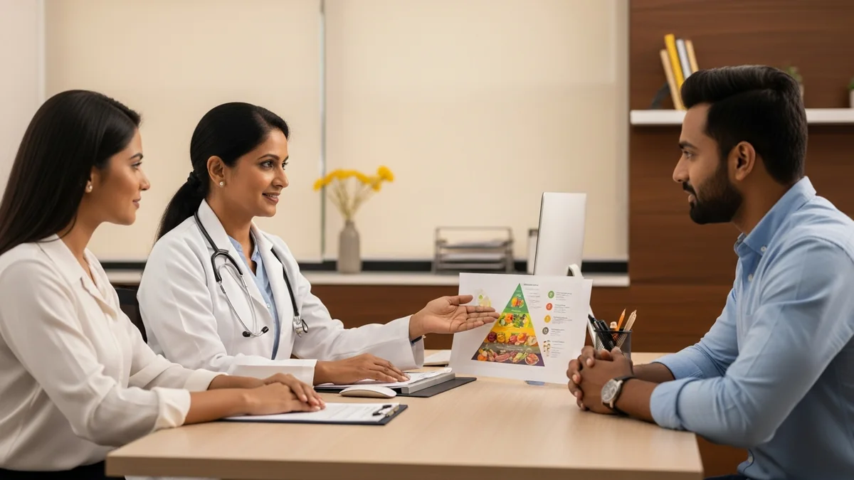 Couple consulting with a female fertility specialist about foods to increase hcg in early pregnancy