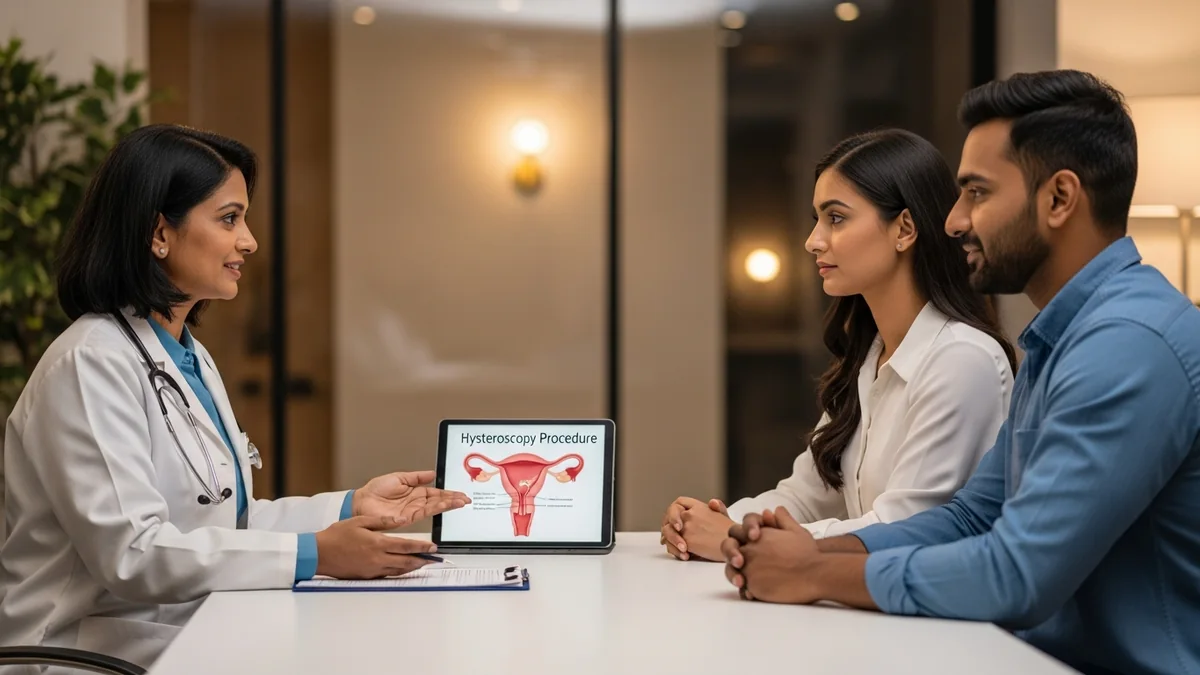 Couple consulting with a female fertility specialist about hysteroscopy: what to expect