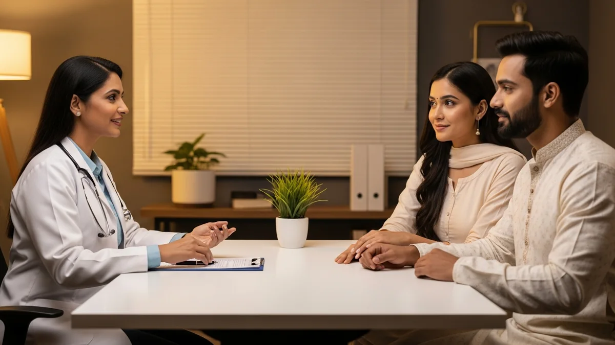 Couple consulting with a female fertility specialist about implantation symptoms: what's normal?