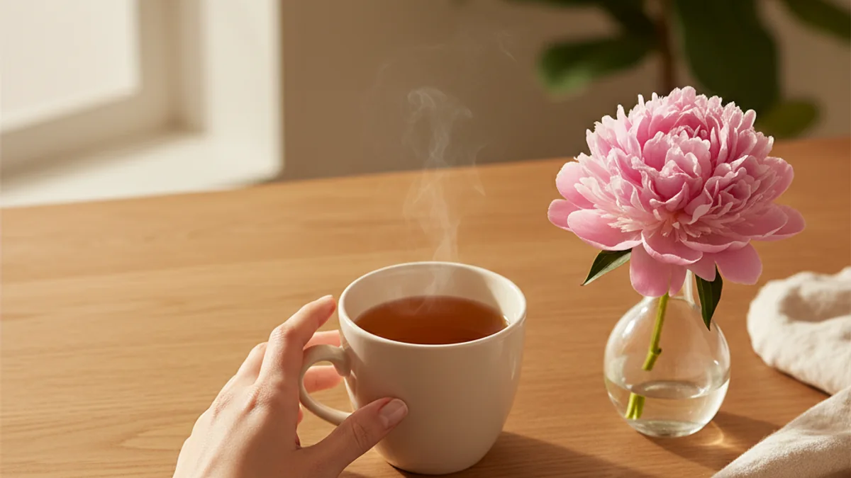 A woman's hand resting gently on a warm wooden table beside a plain unlabelled cream ceramic mug of warm herbal tea, a single fresh pink peony in a small vase, and a softly folded cream linen napkin — a calm editorial still life of quiet reassurance during IVF recovery.
