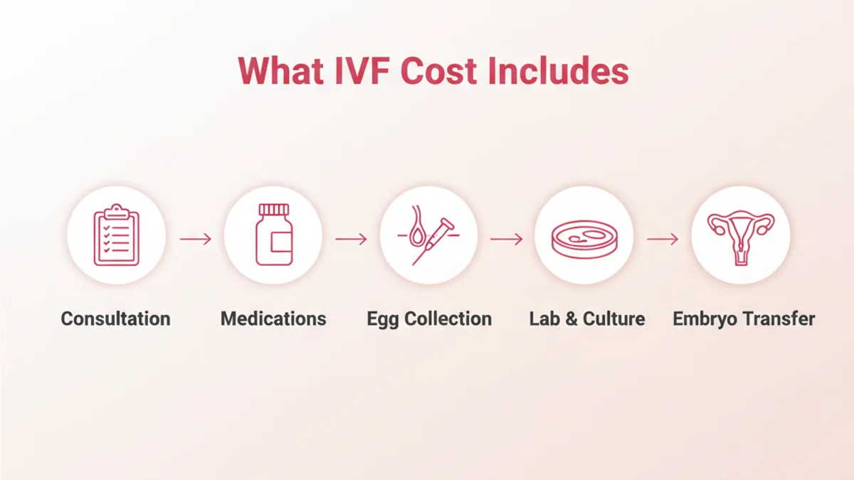 The main components that make up the cost of an IVF cycle — consultation, medications, egg collection, lab and culture, and embryo transfer