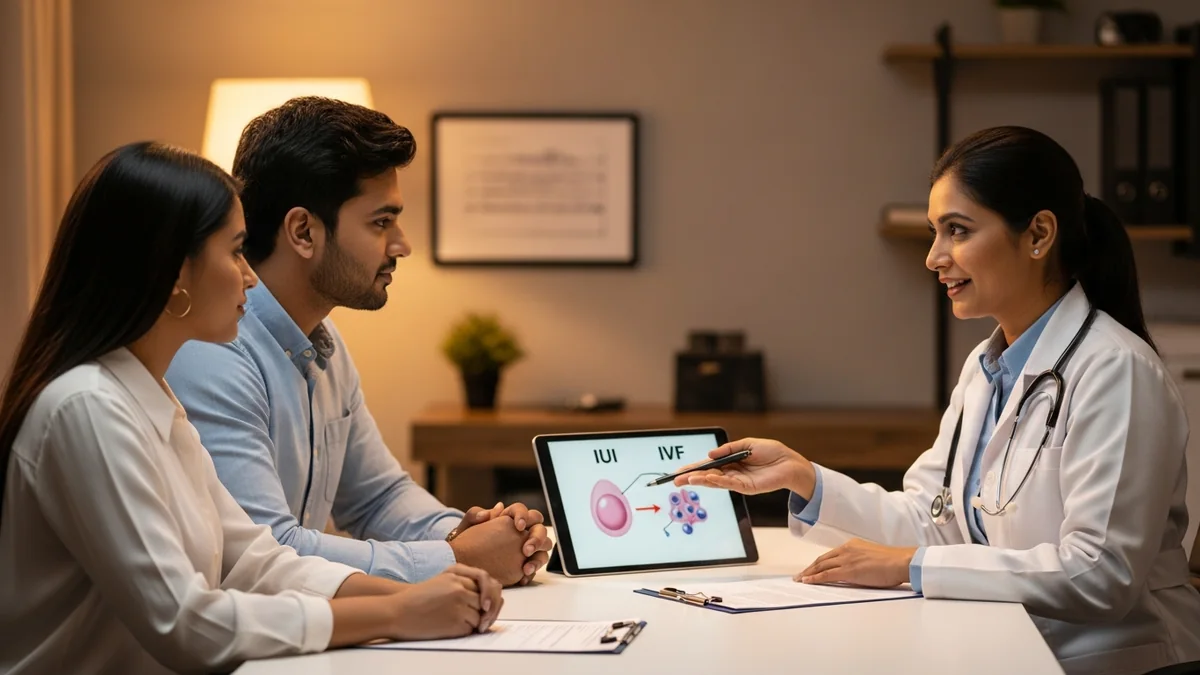Couple consulting with a female fertility specialist about ivf or iui: which treatment is right?