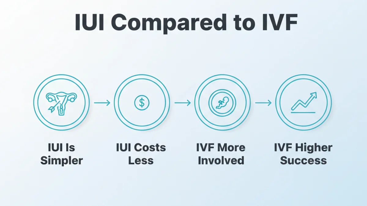 A simple comparison of IUI and IVF — IUI is simpler and costs less, IVF is more involved with higher success rates