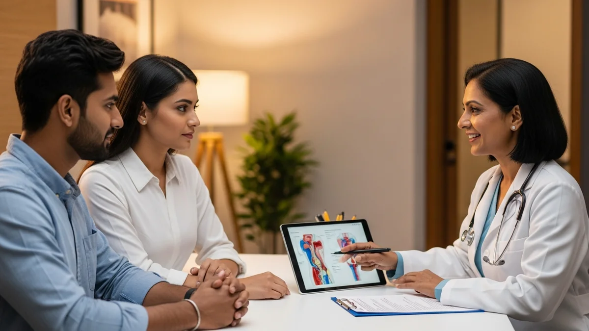 Couple consulting with a female fertility specialist about laparoscopy vs hysteroscopy: key differences