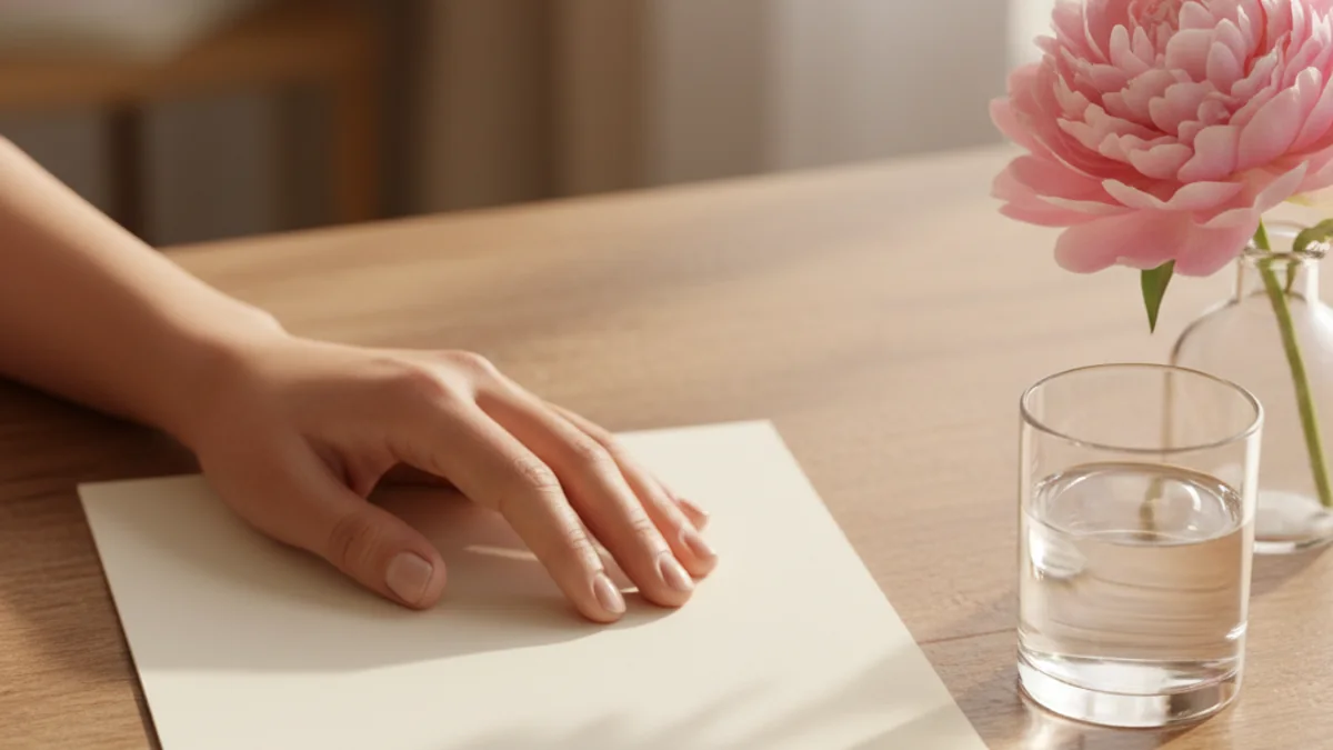 A woman's hand resting gently on a blank desk calendar beside a glass of water and a single peony — the quiet waiting moment behind every late-period worry.
