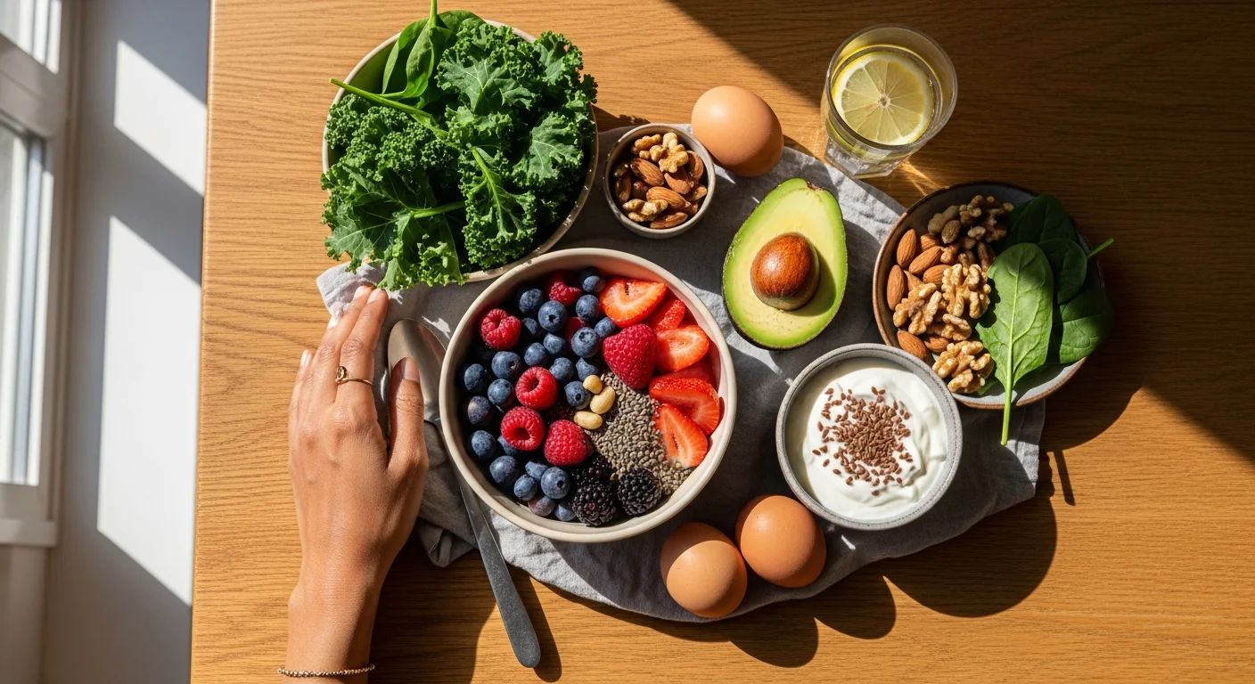 A top-down editorial food photograph related to: pcos diet for fertility: what to eat & avoid