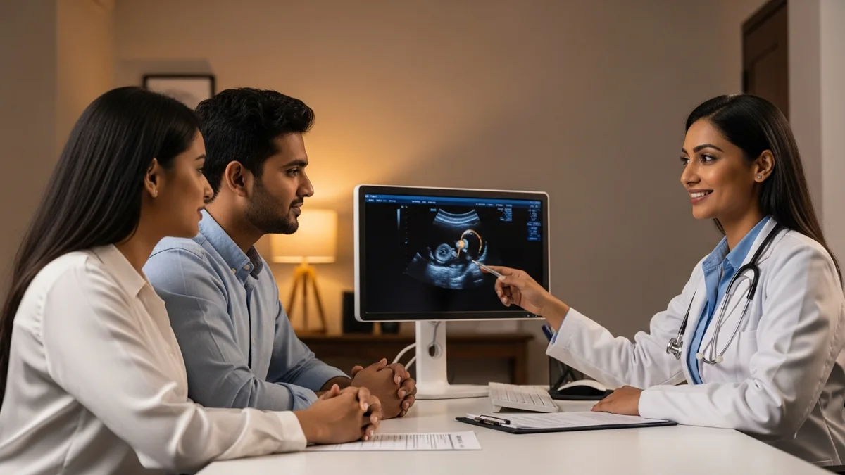 Couple discussing a placenta previa care plan with their obstetrician in Chennai