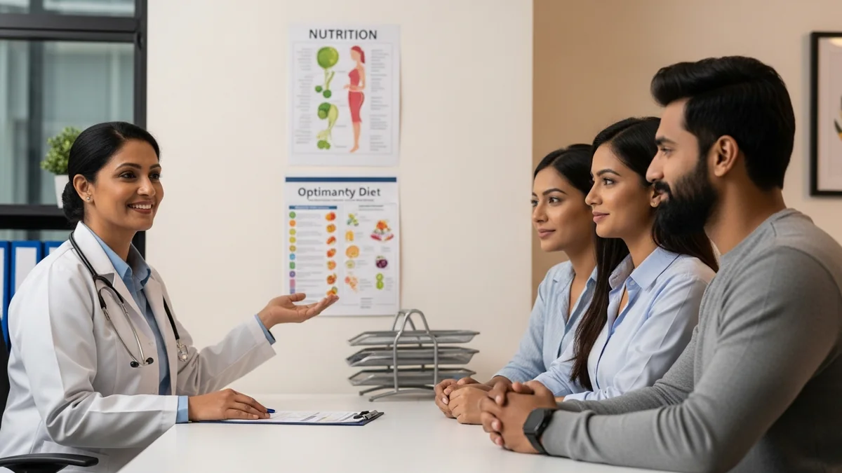 Couple consulting with a female fertility specialist about pregnancy foods: what to eat & avoid