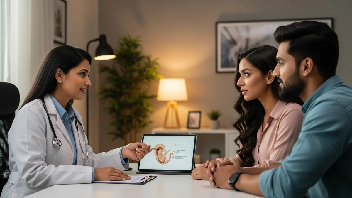 Couple consulting with a female fertility specialist about recurrent miscarriage: causes & care