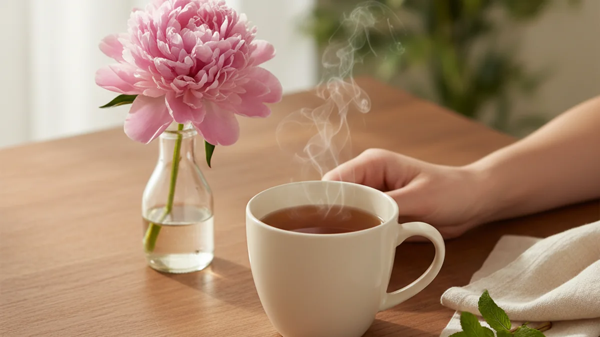 A woman's hand resting gently on a warm wooden table beside a plain unlabelled cream ceramic mug of warm herbal tea, a single fresh pink peony in a small clear vase, and a folded cream linen napkin — a calm editorial still life of reassurance after gynaecological surgery.