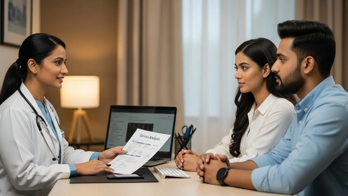 Couple consulting with a female fertility specialist about semen analysis report: understanding your results