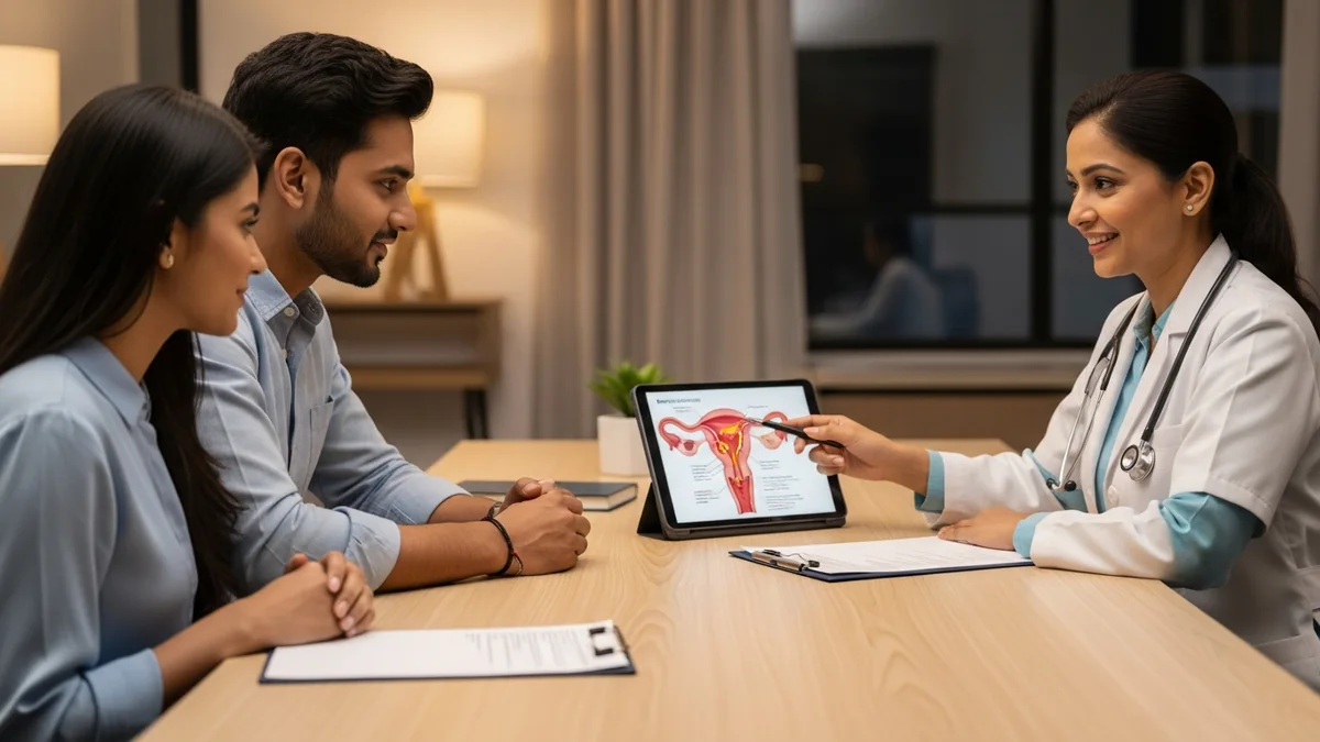 Couple consulting with a female fertility specialist about fibroids & fertility: impact & treatment