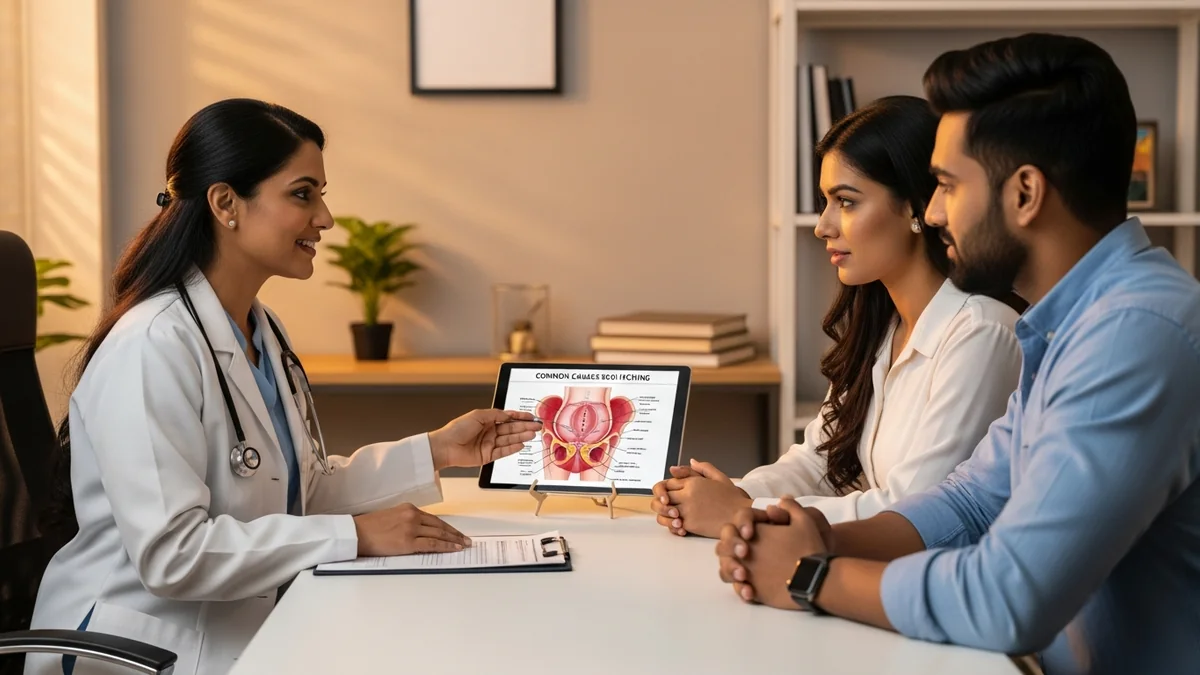 Couple consulting with a female fertility specialist about vaginal itching during pregnancy: causes & relief