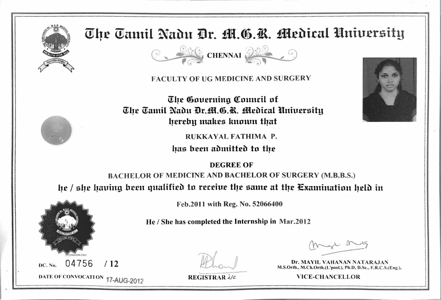 MBBS Degree Certificate - Dr. M.G.R Medical University
