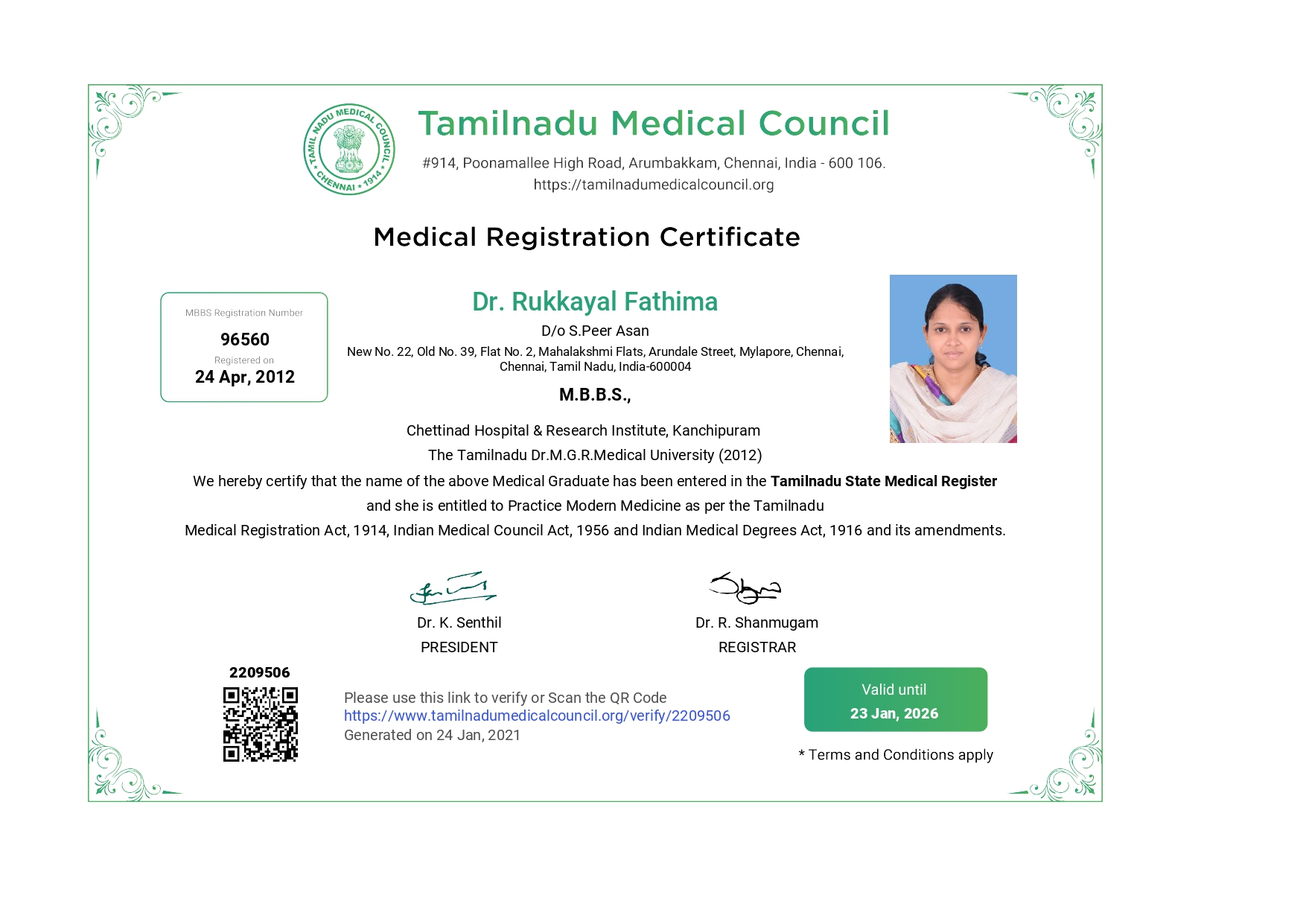MBBS Registration Certificate - Tamil Nadu Medical Council
