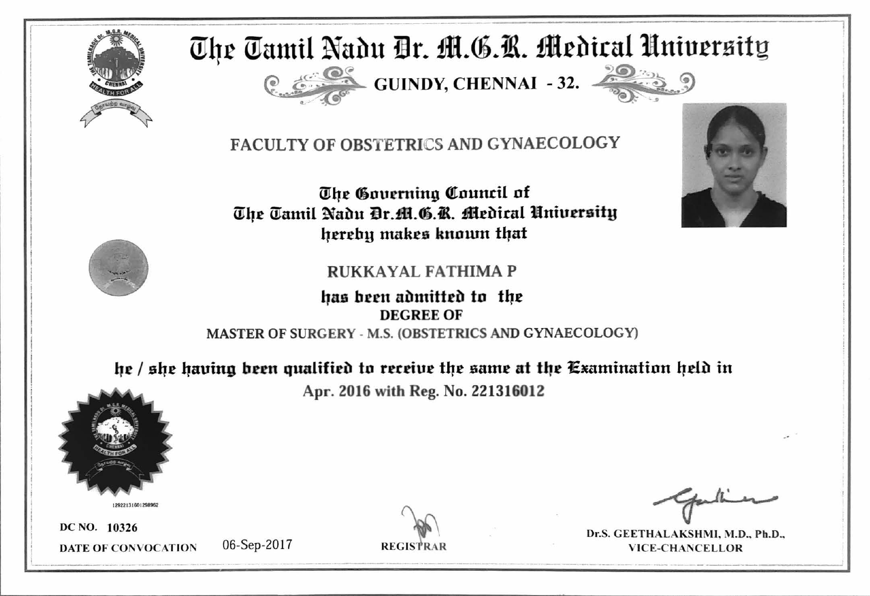 MS Obstetrics & Gynaecology Degree Certificate - Dr. M.G.R Medical University