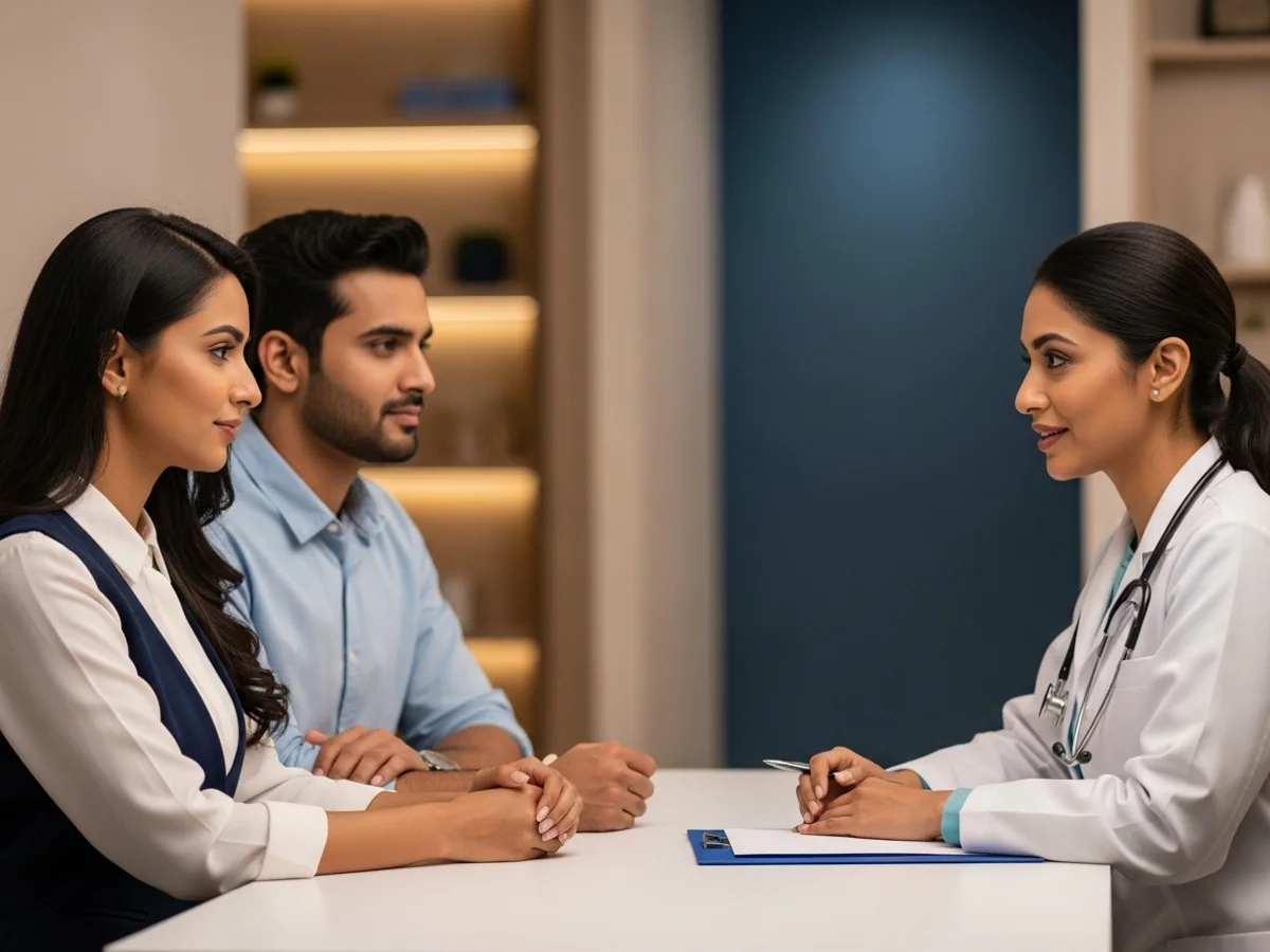 Female fertility doctor counselling couple about donor sperm options in Chennai clinic