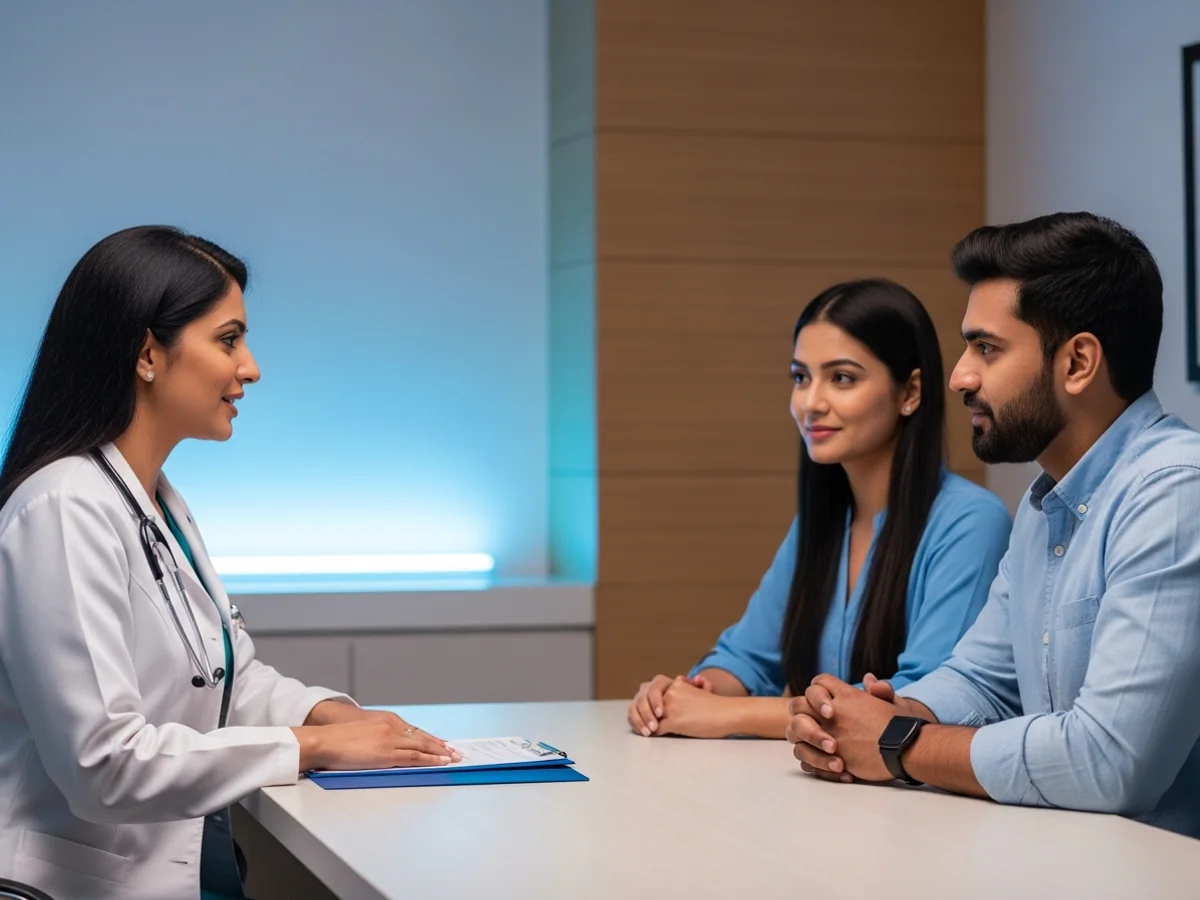 Female fertility doctor explaining embryo freezing options to couple in Chennai clinic