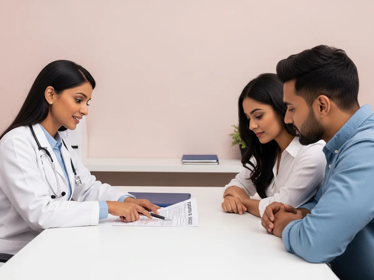 Female fertility doctor reviewing hysteroscopy report with woman patient in Chennai clinic