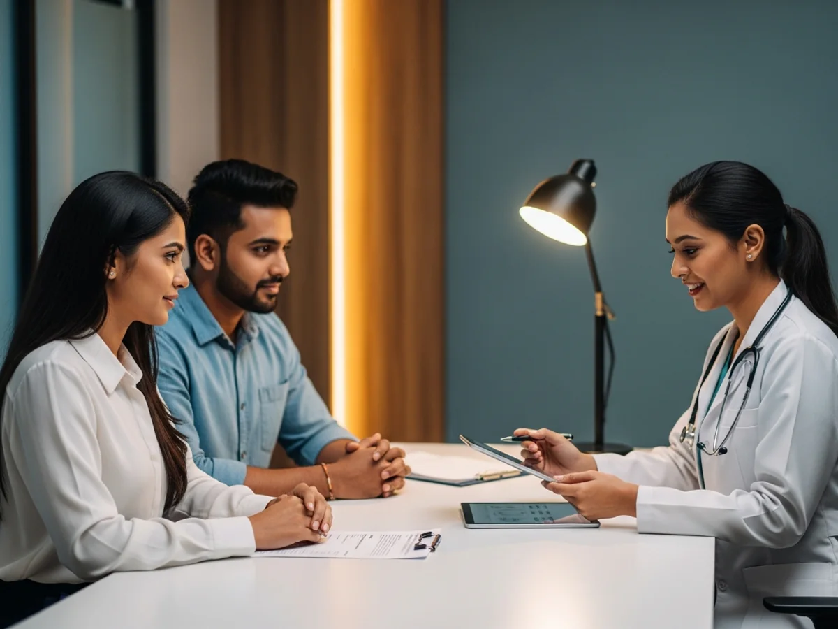 Couple consulting doctor about low sperm count treatment options in Chennai