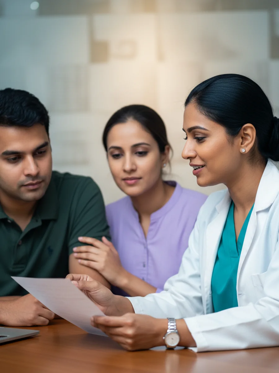 Couple consulting doctor about male fertility evaluation and treatment in Chennai