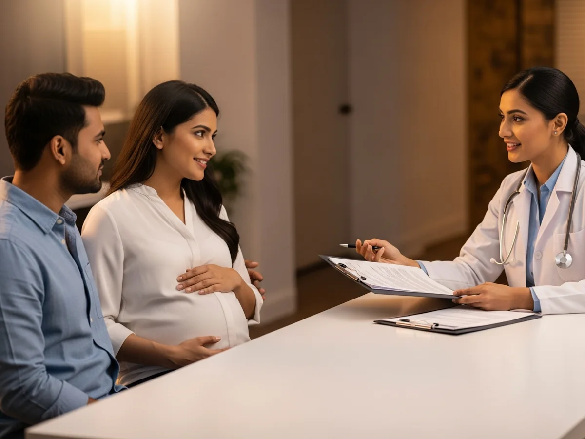 Pregnant couple consulting obstetrician about prenatal care in Chennai