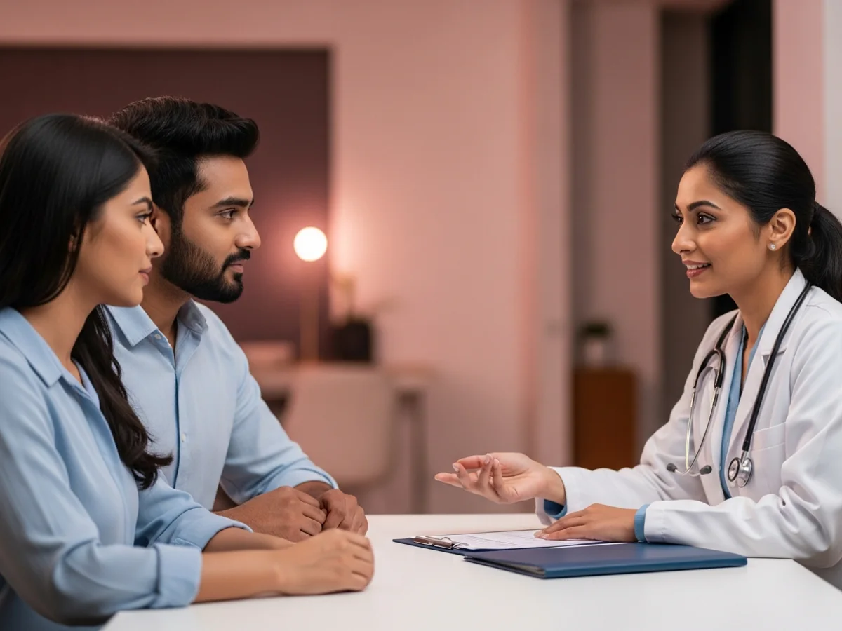 Female fertility doctor counselling woman about ovarian PRP and donor egg options in Chennai clinic