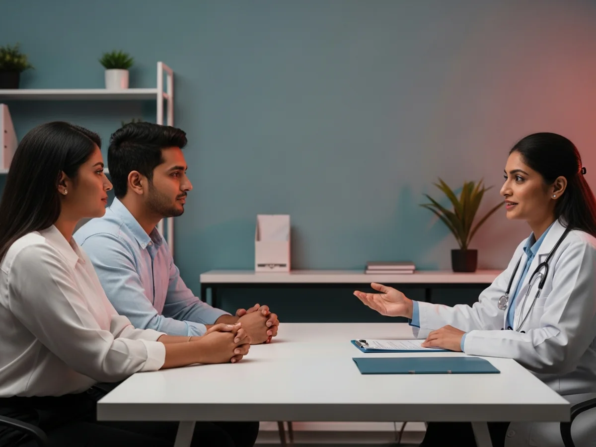 Female fertility doctor counselling couple on genetic testing results in Chennai clinic