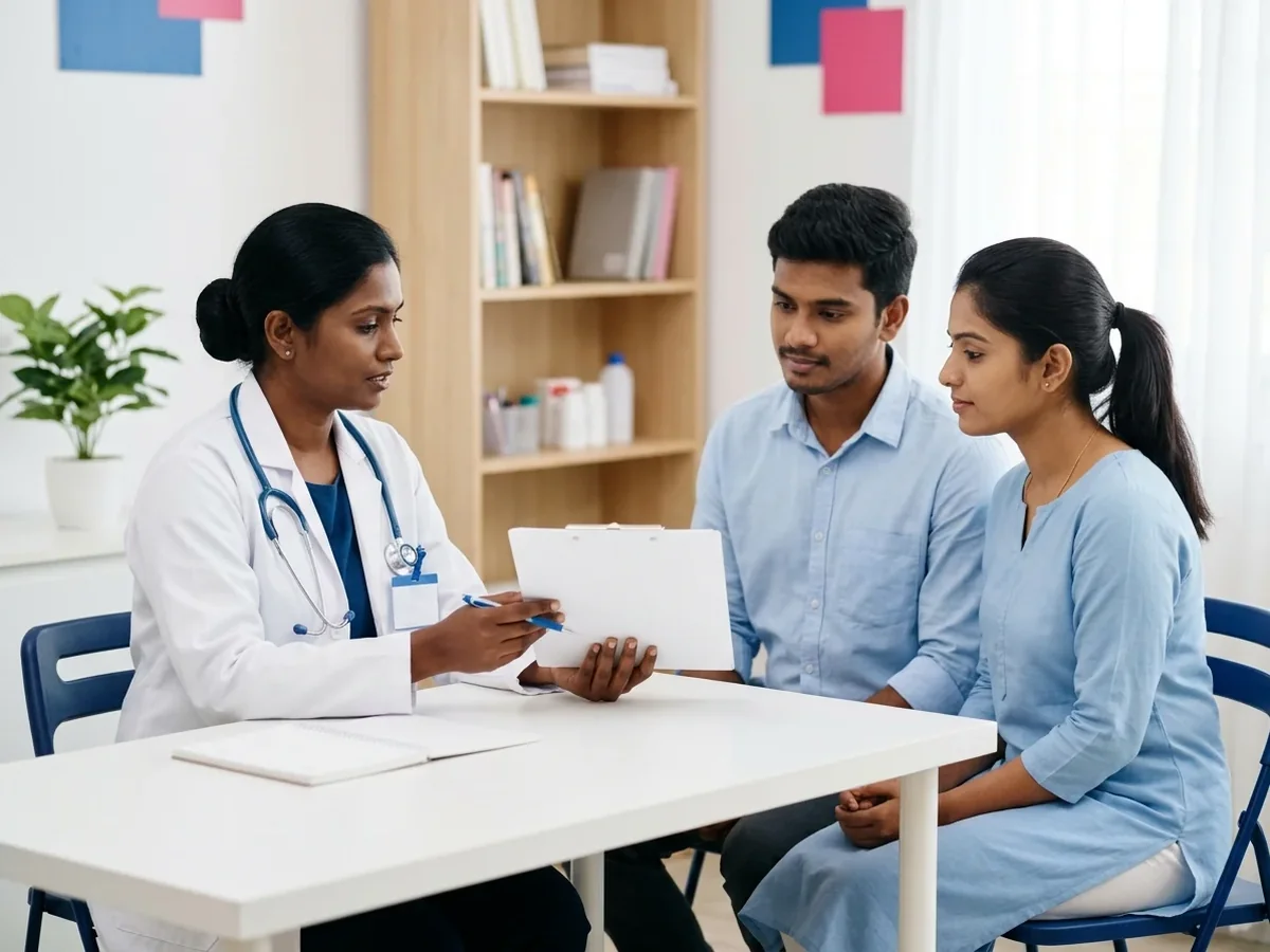 Young couple consulting a female fertility specialist about a pre-marital health check-up in Chennai