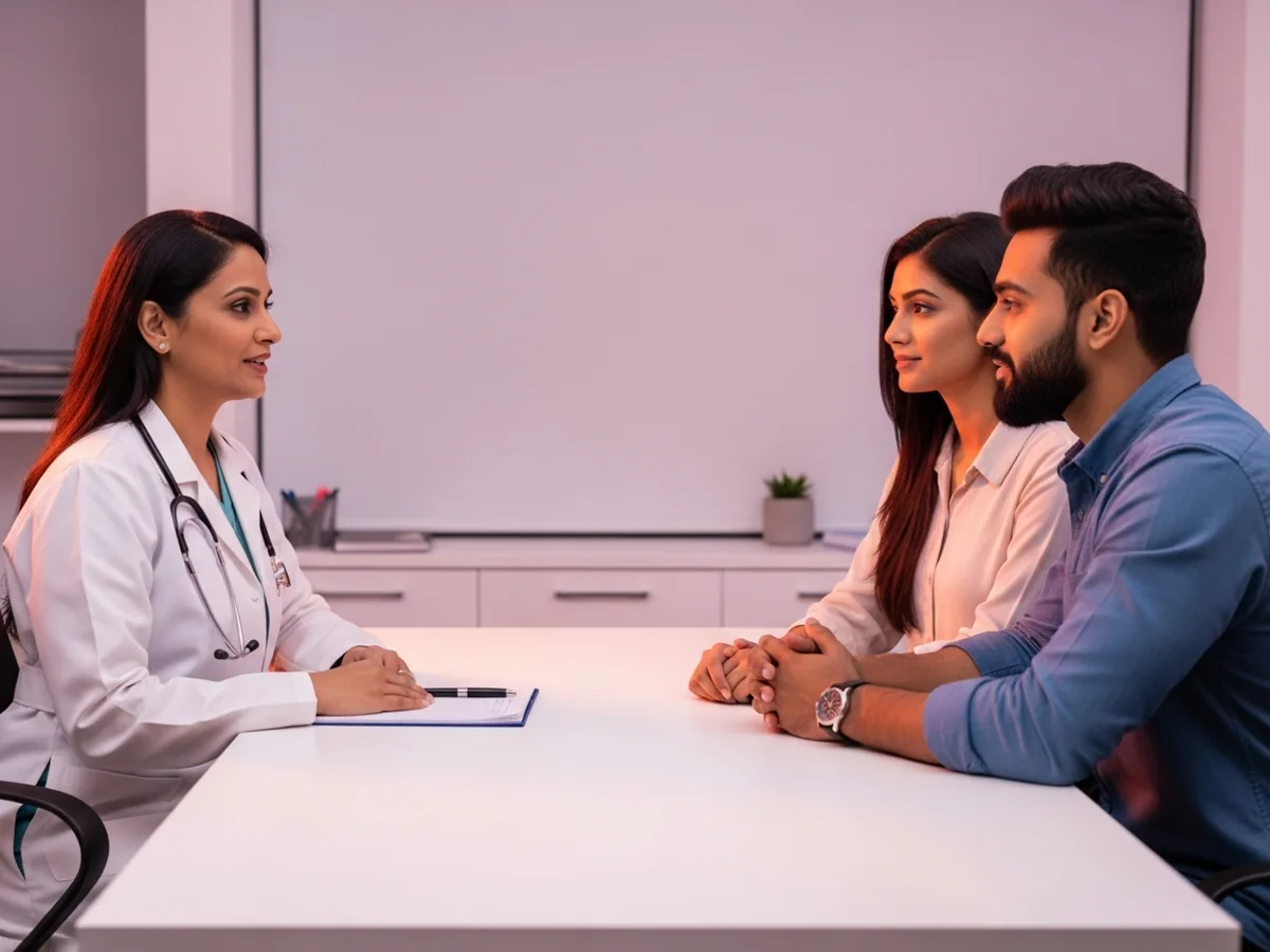 Female fertility doctor counselling couple about surrogacy options in Chennai clinic